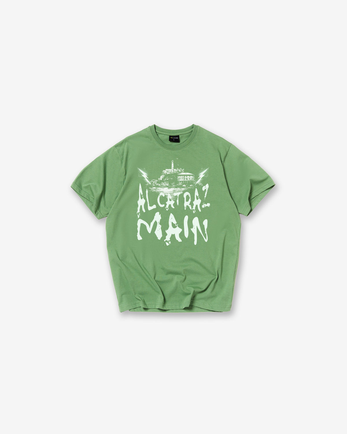 A Sage  short-sleeve t-shirt with a white graphic print reading 'ALCTRAZ MAIN' and a ship illustration, displayed flat against a light gray background.