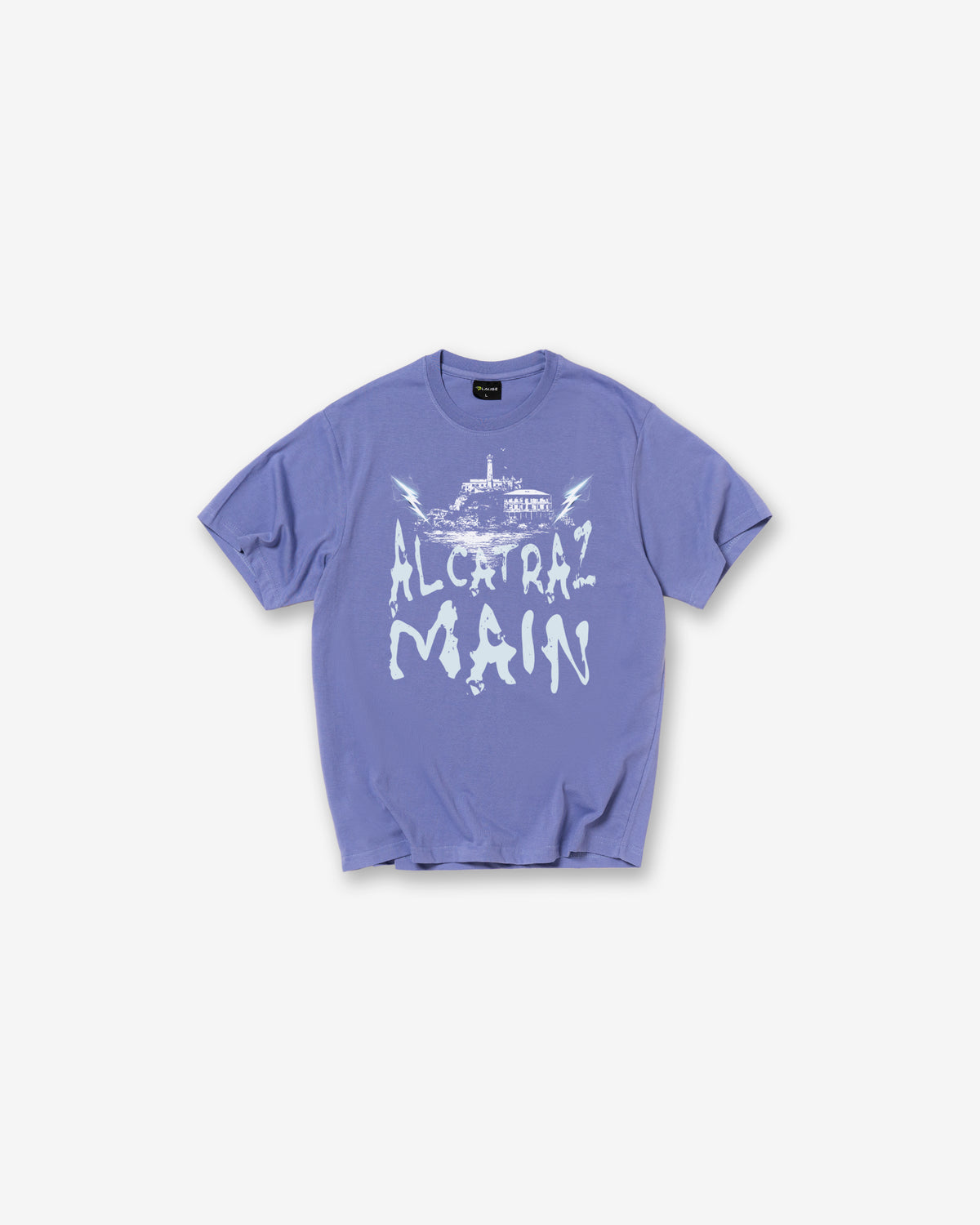 An Iris blue short-sleeve t-shirt with a white graphic print on the front reading 'ALCIRAZ MAIN' in a stylized font, displayed flat against a light gray background.