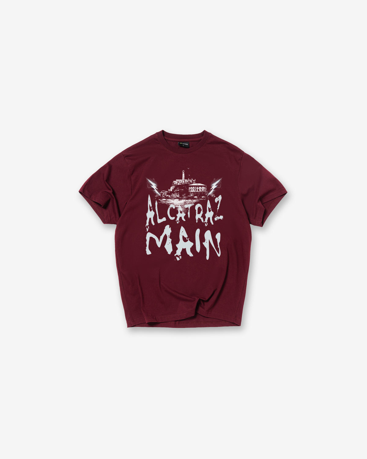 A Wine short-sleeve t-shirt with a white graphic print on the front reading 'ALCIRAZ MAIN' in a stylized font, displayed flat against a light gray background.