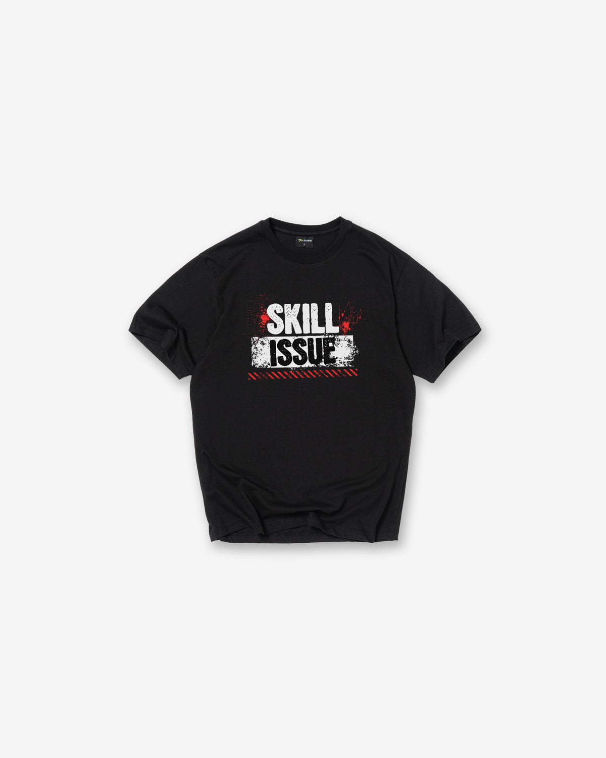 A Black short-sleeve crewneck t-shirt with a distressed graphic on the chest reading 'SKILL ISSUE' in white and red, displayed flat against a light gray background.