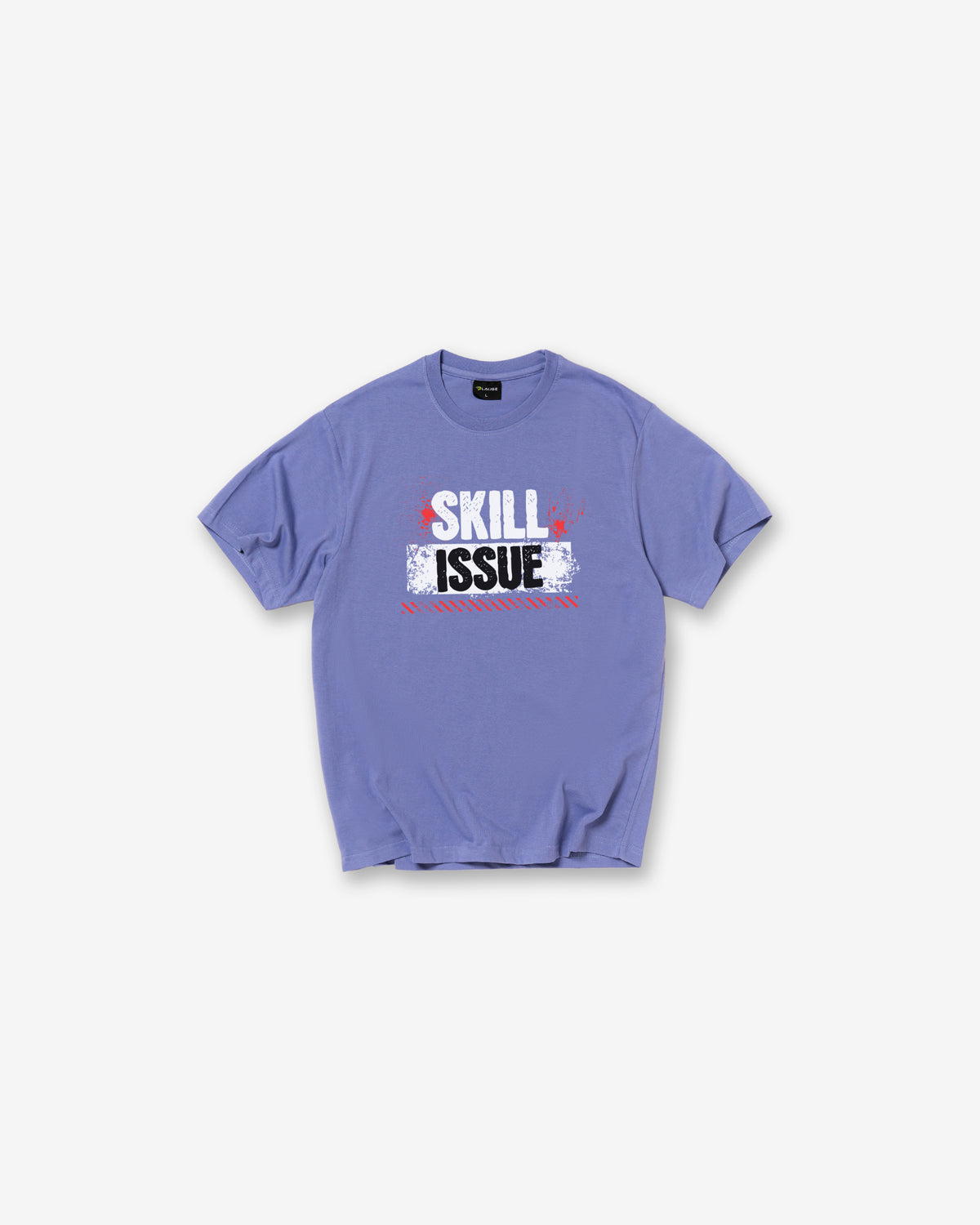 An Iris Blue short-sleeve t-shirt with a graphic on the chest reading 'SKILL ISSUE' in white, red, and black, displayed flat against a light gray background.
