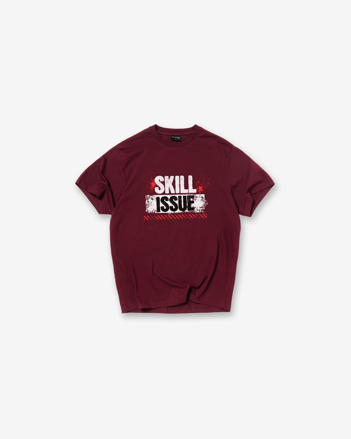 A Wine short-sleeve t-shirt with a graphic on the chest reading 'SKILL ISSUE' in white and red, displayed flat against a light gray background.